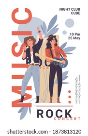 Vector cartoon flat characters music band live rock,jazz stylish banner poster web online concept.Musicians singing,plays guitar on abstract background-festival,concert,night club flyer