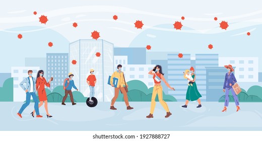 Vector cartoon flat characters on walk in pandemia time.Various people walks outdoor in face masks-coronavirus prevention covid protection,viral infection treatment,medical web online banner concept