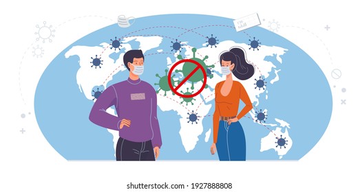 Vector cartoon flat characters shows coronavirus prevention measures,Covid 2019-ncov protection-world travel regulation restriction,infection prevention concept