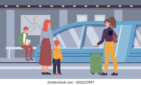 Vector cartoon flat characters in subway.Various people sit and stand at metro station,waiting for their train to ride-web online banner design,city life scene,social story concept