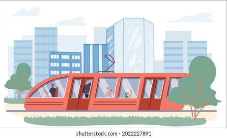 Vector cartoon flat characters in tram.Various people ride in modern trolley car,they sit and stand holding on to handrails-web online banner design,city life scene,social story concept