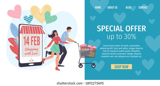 Vector cartoon flat characters Valentine Day online shopping sale banner ad.Happy people on heart background-special offer,greeting card web design,February 14 landing page,social media concept