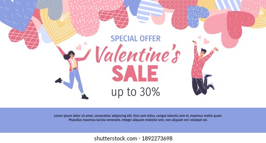 Vector cartoon flat characters Valentine Day online shopping sale banner ad.Happy people on heart background-special offer,greeting card web design,February 14 postcard decor,social media concept