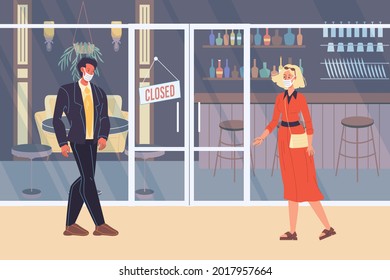Vector cartoon flat characters walking outdoors,life during coronavirus pandemic quarantine.People in face masks on street at closed bar.Covid prevention,protection-social distancing medical concept