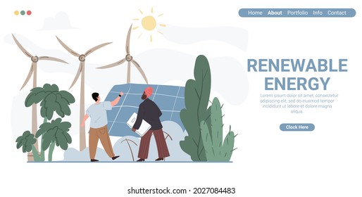 Vector cartoon flat characters-exhibitor and visitor at renewable energy expo.Exhibition worker explain,show solar panels and wind turbines to rich arabic businessmen,web online landing page template