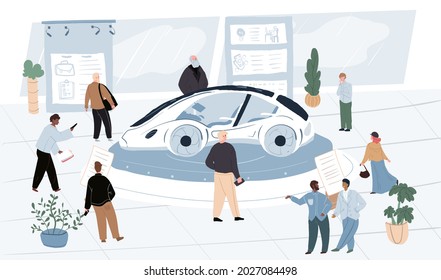 Vector cartoon flat characters-exhibitors and visitors at car motor show expo conference.Exhibition staff,enthusiasts and guests at auto stand with new model concept car.Web online banner design