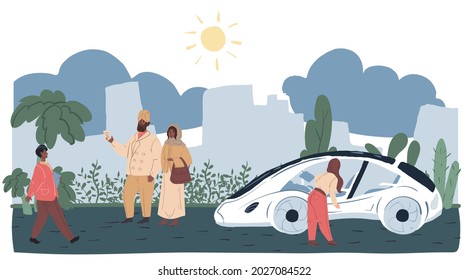 Vector cartoon flat characters-exhibitors,visitors at outdoor car motor show expo conference.Exhibition staff,enthusiasts and guests at auto stand with new model concept car.Web online banner design