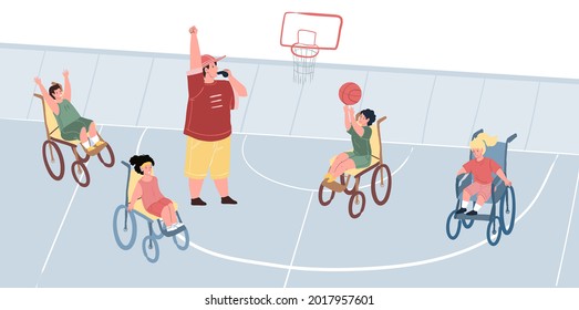 Vector cartoon flat characters,happy smiling children athletes with disabilities,physical disorder playing basketball-disabled sport,equal human rights,healthy society,social justice concept design