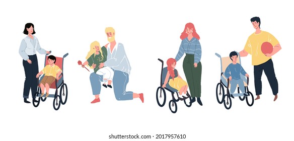 Vector Cartoon Flat Characters,happy Smiling Children With Disabilities,physical Disorder Or Impairment And Their Loving Parents-equal Human Rights,healthy Society,social Justice Concept Design