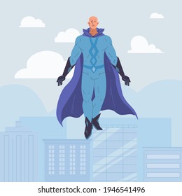 Vector cartoon flat character,superhero with cape flies in sky 