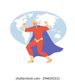 Vector cartoon flat character,superhero with cape protects humanity 