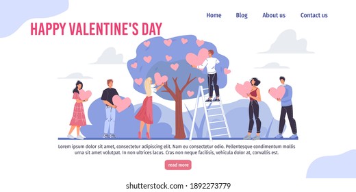 Vector cartoon flat characters,Valentine Day greeting card design.Happy loving man woman hang love metaphor heart symbols on tree-February 14 web online landing page,banner decor,social media concept