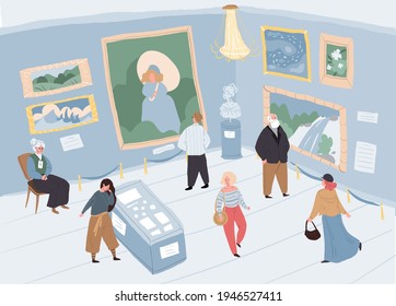 Vector Cartoon Flat Characters-visitors And Staff At Art Gallery.Different People Watching Examining Pictures And Artworks In Artistic Museum Hall At Exhibition