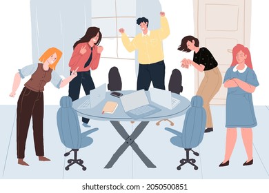Caricatura vectorial compañeros de piso personajes con ánimo agresivo peleando en la reunión, personas y poses diferentes.Comunicación, manejo de la ira y concepto de comportamiento social, banner de sitio web y diseño