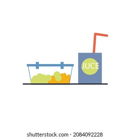 Vector cartoon flat container with salad,glass of juice,kitchenware isolated on empty background-balanced diet,healthy eating and food cooking concept,web site banner ad design