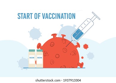 Vector cartoon flat coronavirus character and syringe with vaccine-vaccination,covid prevention,viral infection protection,treatment,therapy medical web banner ad concept
