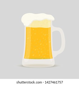 Vector cartoon flat cup of beer, golden frothy alcohol drink. Yellow liquid in transparent glass jar.