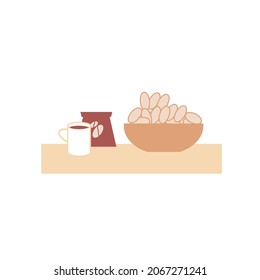 Vector cartoon flat cup and package of coffee beans with plate of cookies isolated on empty background-balanced diet,healthy eating and food cooking concept,web site banner ad design