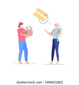 Vector cartoon flat customer character pays to delivery man for the order using NFC card payment method-coronavirus protection prevention measures-wearing face mask,social distancing,medical concept