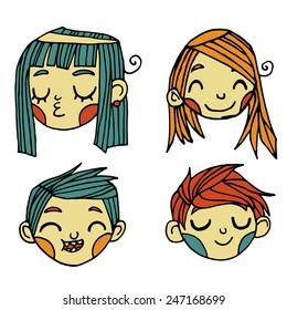 Vector cartoon flat cute faces set icon stickers. For ui, web games, tablets, wallpapers, and patterns.