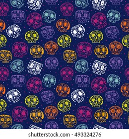 Vector cartoon flat Day of the Dead seamless pattern. Ethnic Mexican sugar skulls background