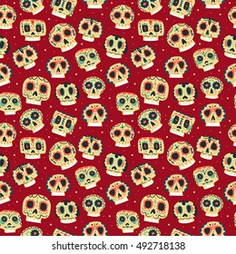 Vector cartoon flat Dead day seamless pattern. Ethnic Mexican skulls background