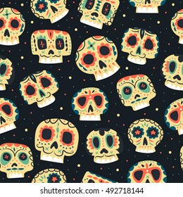 Vector cartoon flat Dead day seamless pattern. Ethnic Mexican skulls background