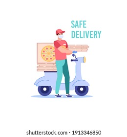 Vector cartoon flat delivery man character shows coronavirus protection covid prevention measures-safe contactless method of delivery and payment,wearing face mask,social distancing,medical concept