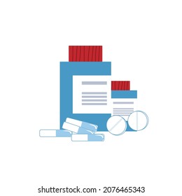 Vector cartoon flat different prescribed medication drugs and pills in bottles,isolated on empty background-health care treatment,online telemedicine concept,web site banner ad design