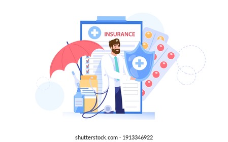 Caricatura vectorial el personaje de un médico llano ofrece seguro de salud.Presentaciones de un especialista en medicina, tenencia de pólizas de seguro, tratamiento médico, telemedicina en línea, banner de sitio web y concepto