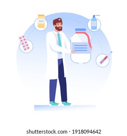 Vector cartoon flat doctor character offers,presents medications drugs.Physician specialist holds prescribed medicine-medical treatment therapy,online telemedicine pharmacy,web site banner ad concept