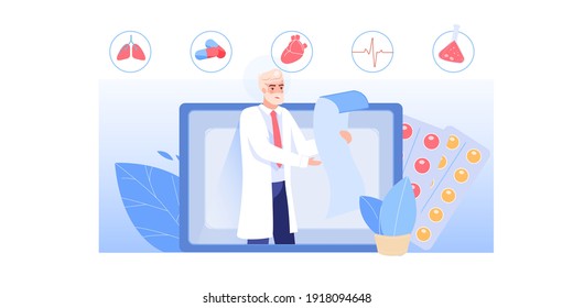 Vector cartoon flat doctor character at work.Physician character read medical prescription from computer screen app-web online medical treatment therapy,telemedicine,pharmacy store concept
