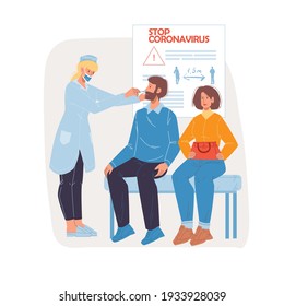 Caricatura vectorial personaje médico plano en el trabajo haciendo la prueba de PCR.El médico toma la muestra de saliva del paciente - prevención del coronavirus,diagnóstico de infección por enfermedad cóvida,tratamiento,tratamiento médico de terapia