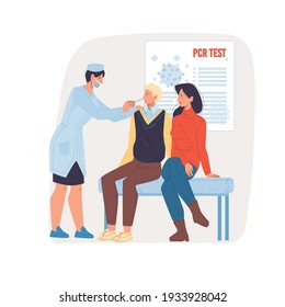 Vector cartoon flat doctor character at work doing PCR test.Physician take patient saliva sample - coronavirus prevention,covid disease infection diagnostics,treatment,therapy medical concept