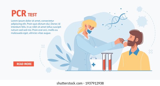 Vector cartoon flat doctor character at work doing PCR test.Physician take patient saliva sample - coronavirus prevention,covid disease infection diagnostics,treatment,therapy medical banner concept