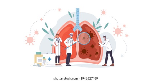 Vector Cartoon Flat Doctor Characters At Work,physicians With Medical Devices In Uniform Lab Coats Study Lungs-covid Coronavirus Disease Treatment Diagnostics Therapy Medical Concept