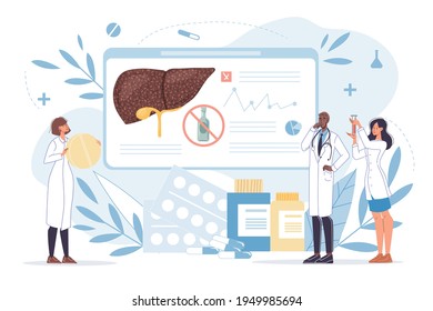 Vector cartoon flat doctor characters at work in uniform,lab coats study liver-disease prevention,medical meeting,conference,medic team and education concept with medical devices,symbols
