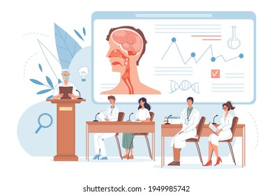 Vector cartoon flat doctor characters at work in uniform,lab coats study viral infection-disease prevention,medical meeting,conference,medic team and education concept with medical devices,symbols