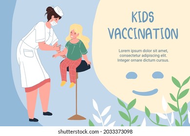 Vector cartoon flat doctor in face mask vaccinates kid patient character-coronavirus covid infection disease prevention,diagnostics,treatment and therapy medical concept,web site banner ad design