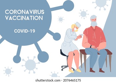 Vector cartoon flat doctor in face mask vaccinates elderly patient character-coronavirus covid infection disease prevention,diagnostics,treatment and therapy medical concept,web site banner ad design