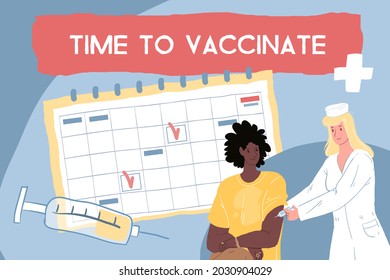 Vector cartoon flat doctor vaccinates patient character according vaccination schedule-coronavirus covid infection disease prevention,treatment and therapy medical concept,web site banner ad design