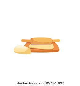Vector cartoon flat dough on cooking board with rolling pin isolated on empty background-balanced diet,healthy eating and food cooking concept,web site banner ad design