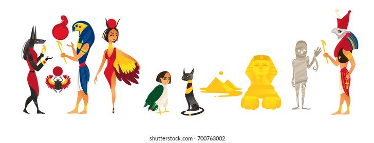 vector cartoon flat Egypt gods and sacred symbols set. Isolated illustration on a white background. Amon Ra Anubis scarab , cat mummy sphinx Egyptian pyramids bird