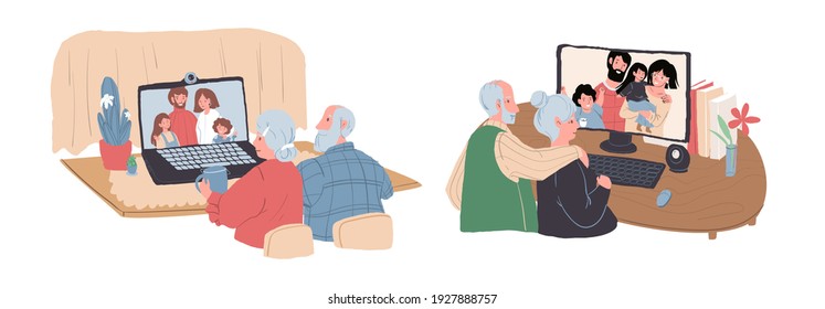 Vector cartoon flat elderly characters online talk with family.Old people granny grandpa enjoy conversation with children using video messenger-online communication,healthy family social concept