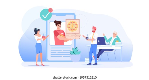 Vector cartoon flat employee characters at food break.Employees at lunch time,colleagues receives pizza mobile online delivery order,rest,talk,communicate-workflow situations web site banner concept