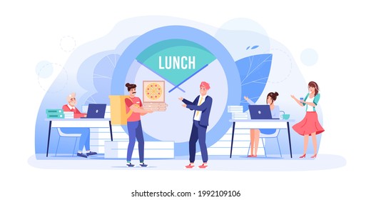 Vector cartoon flat employee characters at food break.Employees office workers at lunch time,colleagues receive pizza delivery order,rest,talk,communicate-workflow situations web site banner concept