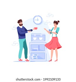 Dibujo vectorial personajes planos de los empleados a la hora del almuerzo.Empleados de oficina en pausa para café, colegas descansan, hablan, comunican - situaciones de flujo de trabajo concepto de banner del sitio web