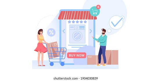 Vector cartoon flat family characters make online orders buys.Delivery service-happy customers choose,buy goods on mobile app smartphone screens-online shop sale,web site banner ad concept