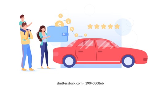 Vector cartoon flat family characters buy car,happy smiling people,parents and kid buying automobile online-car service,shopping,social media concept for web site
