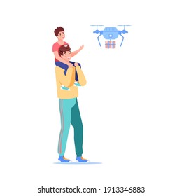 Vector cartoon flat family characters receive online order buys from delivery drone.Modern delivery service-quadcopter delivers ordered goods to happy customers-online shop,web site banner ad concept